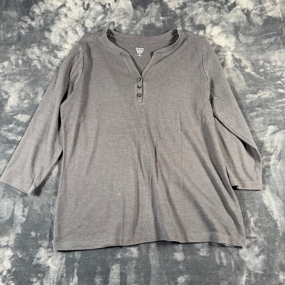 Kim Rogers Perfectly Soft Gray Henley 3/4 Sleeve Cotton Top Medium